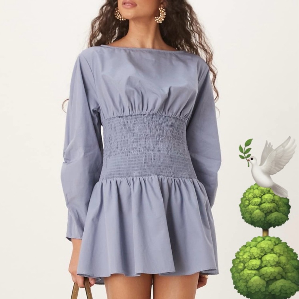 ASOS Blue Fit and Flare Dress with Bishop Sleeves